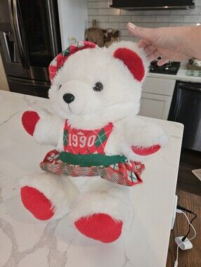KMart White Plush Bear with Red Accents and 1990 Holiday Dress